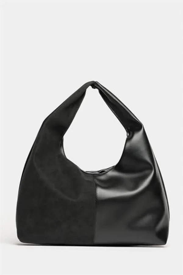 Sac cabas à bandoulière contrasté en daim noir et cuir synthétique pour femme - Modèle vintage souple