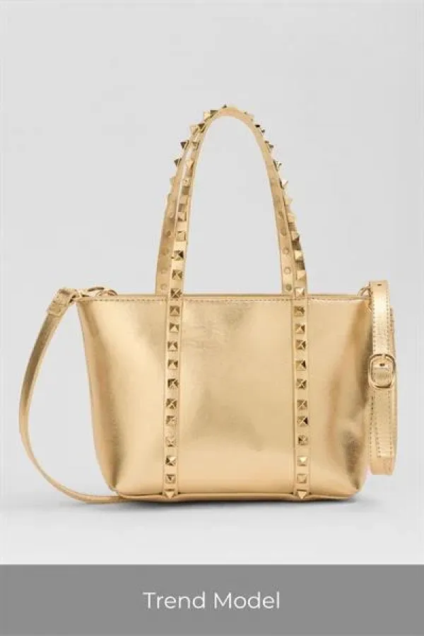 Gold Women's Small Size Stud Detailed PU Leather Buckle Hand and Shoulder Bag