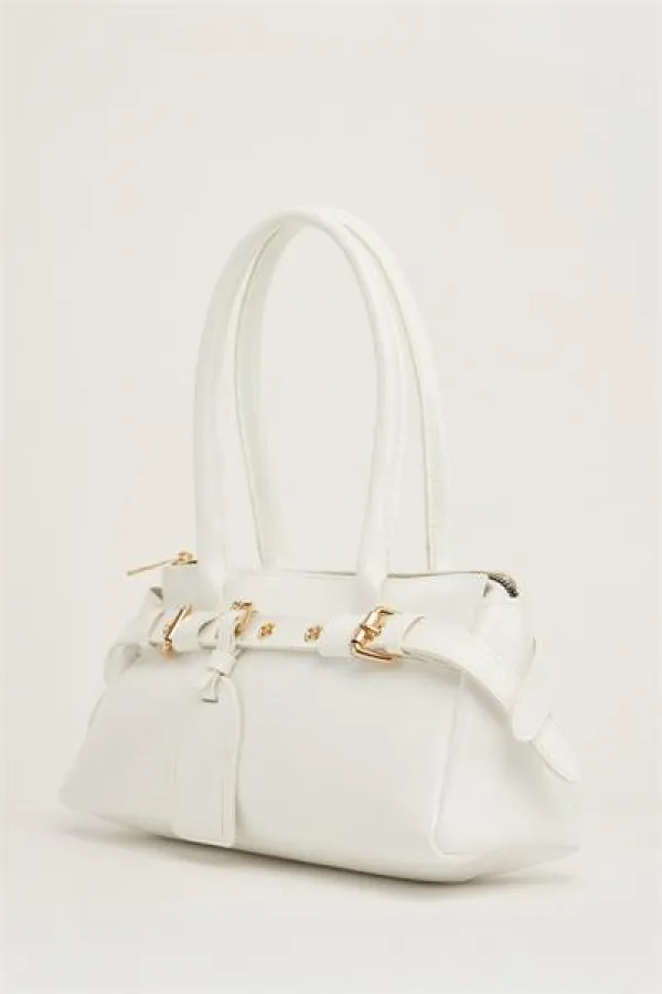 Double Buckle Belt Detailed Hand and Shoulder Bag White