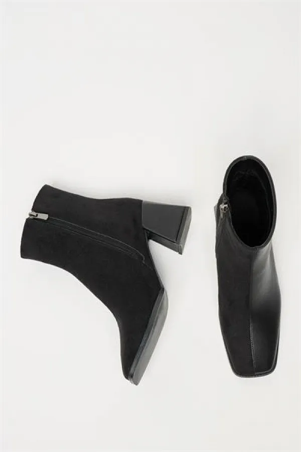 Bottes et bottines en daim noir pour femmes, bout rond, talon contrasté, cuir PU, fermeture éclair élégante Bottes et bottines en daim noir pour femmes, bout rond, talon contrasté, cuir PU, fermeture éclair élégante
