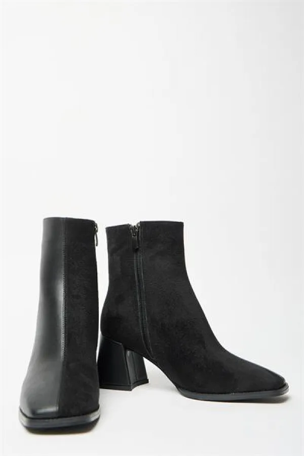 Bottes et bottines en daim noir pour femmes, bout rond, talon contrasté, cuir PU, fermeture éclair élégante Bottes et bottines en daim noir pour femmes, bout rond, talon contrasté, cuir PU, fermeture éclair élégante