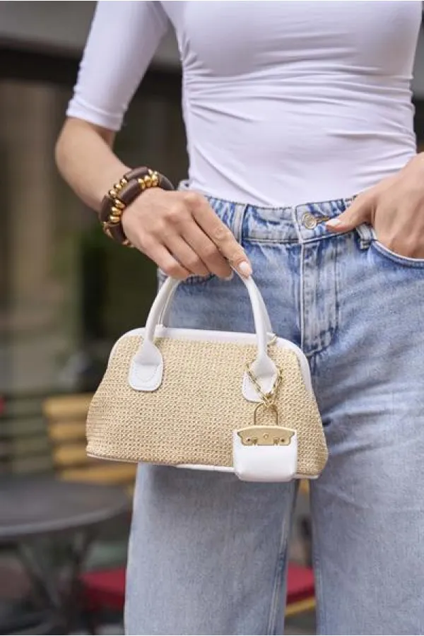 Mini sac à main texturé en osier blanc