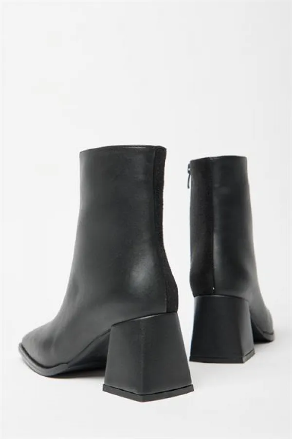 Bottes et bottines en daim noir pour femmes, bout rond, talon contrasté, cuir PU, fermeture éclair élégante Bottes et bottines en daim noir pour femmes, bout rond, talon contrasté, cuir PU, fermeture éclair élégante