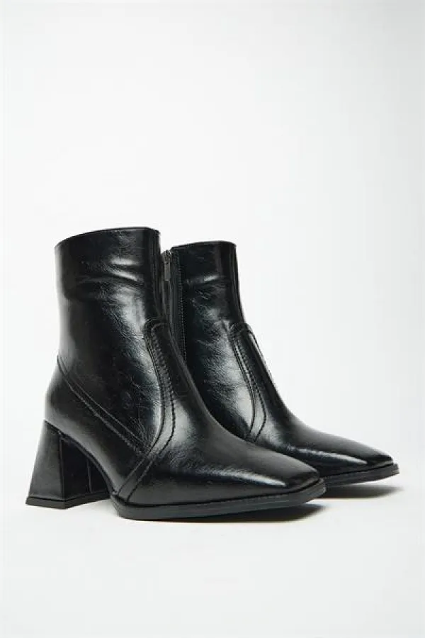 Bottes et bottines à talons plats en cuir verni noir pour femme – Fermeture éclair, style décontracté