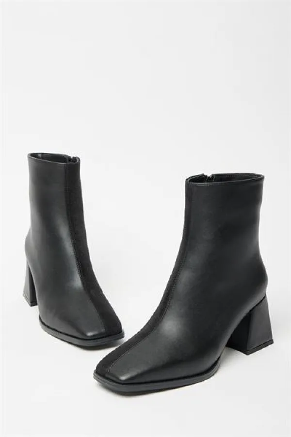 Bottes et bottines en daim noir pour femmes, bout rond, talon contrasté, cuir PU, fermeture éclair élégante Bottes et bottines en daim noir pour femmes, bout rond, talon contrasté, cuir PU, fermeture éclair élégante