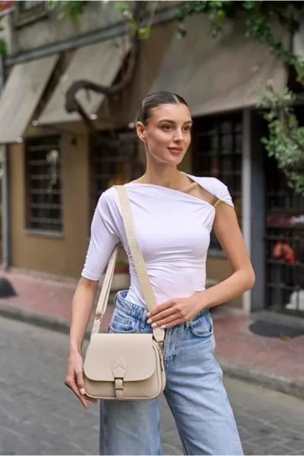 Trendy Casual Buckled Hand and Shoulder Bag Cream