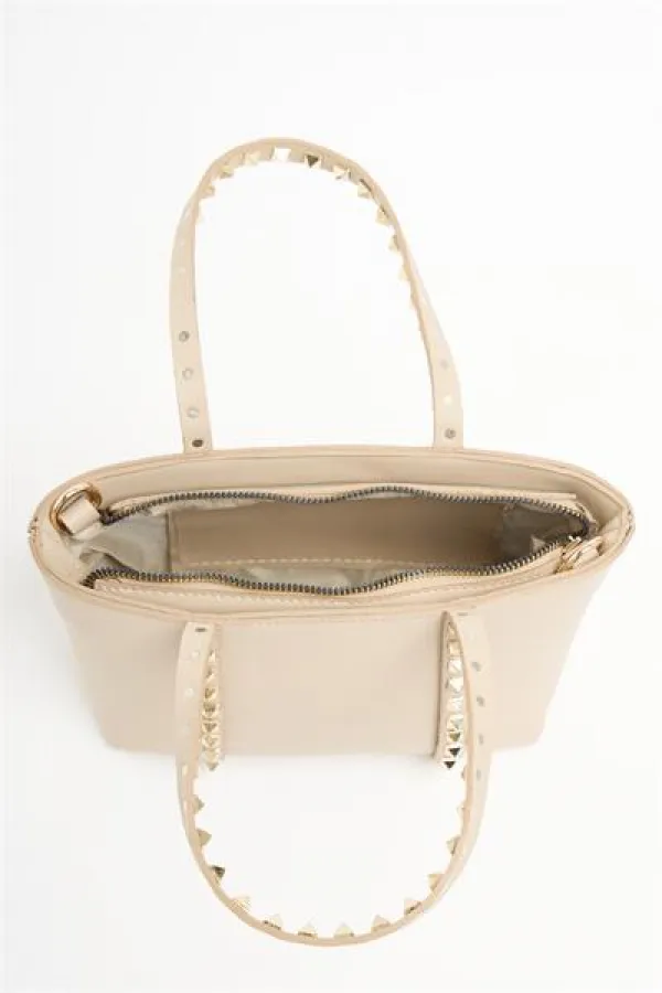 Cream Women's Small Size Stud Detailed PU Leather Buckle Hand and Shoulder Bag