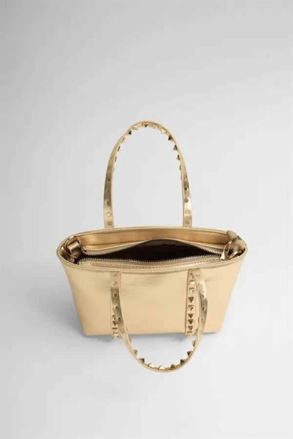 Gold Women's Small Size Stud Detailed PU Leather Buckle Hand and Shoulder Bag