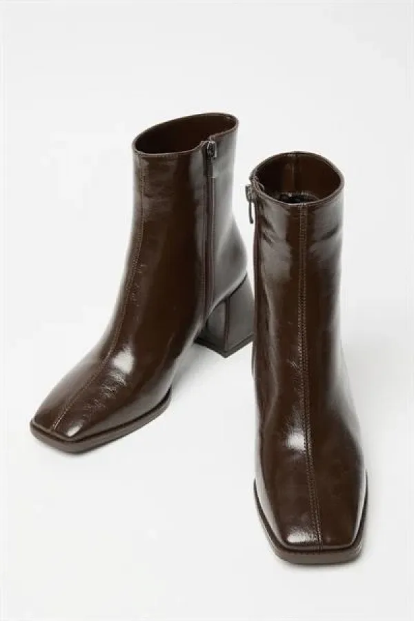 Bottes et bottines en cuir verni marron pour femmes, talons à bout arrondi, cuir PU contrasté, fermeture éclair élégante
