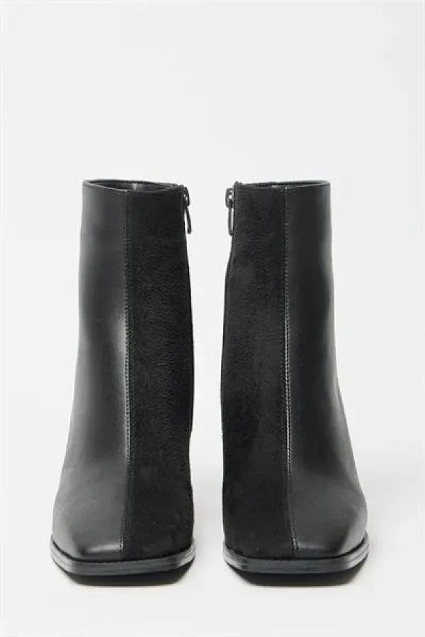 Bottes et bottines en daim noir pour femmes, bout rond, talon contrasté, cuir PU, fermeture éclair élégante Bottes et bottines en daim noir pour femmes, bout rond, talon contrasté, cuir PU, fermeture éclair élégante