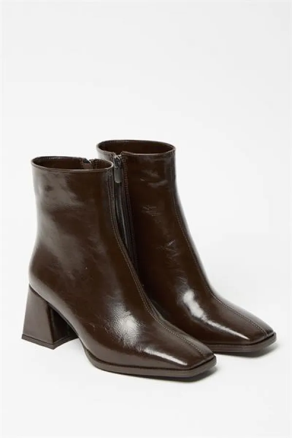 Bottes et bottines en cuir verni marron pour femmes, talons à bout arrondi, cuir PU contrasté, fermeture éclair élégante