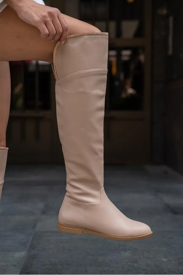 Bottes longues en cuir et vison pour femme avec détails en pierre
