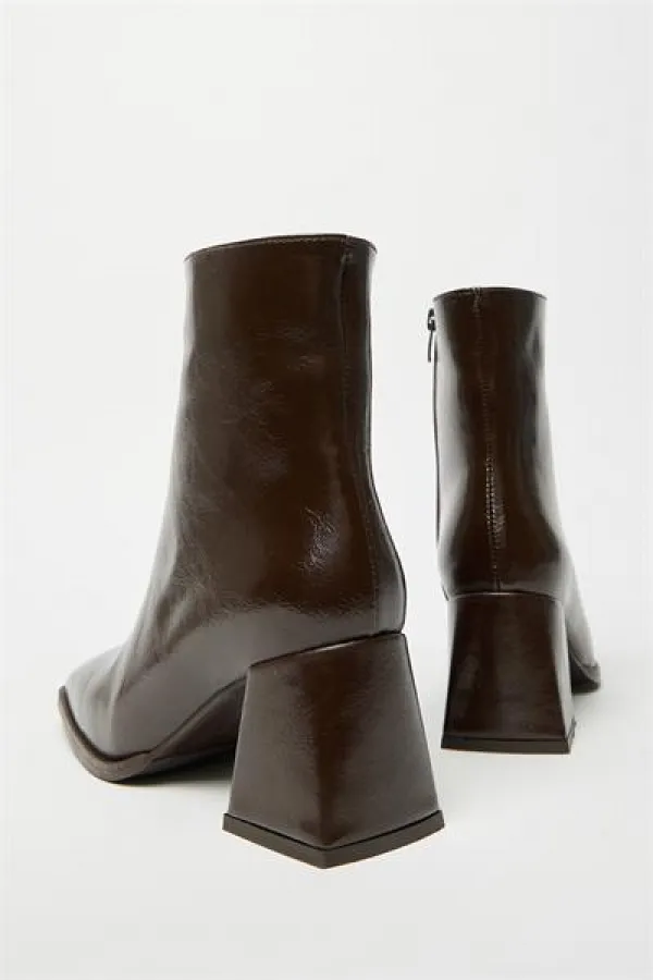 Bottes et bottines en cuir verni marron pour femmes, talons à bout arrondi, cuir PU contrasté, fermeture éclair élégante