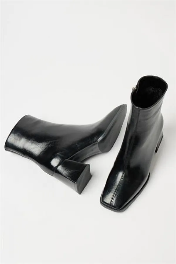 Bottes et bottines en cuir verni noir pour femmes, bout arrondi, talon contrasté, cuir PU, fermeture éclair, élégantes