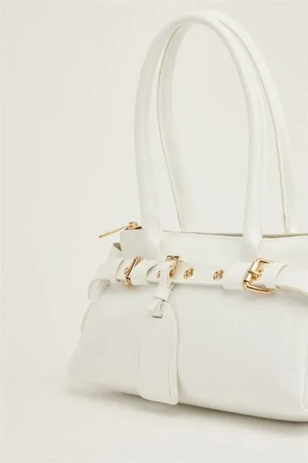 Double Buckle Belt Detailed Hand and Shoulder Bag White