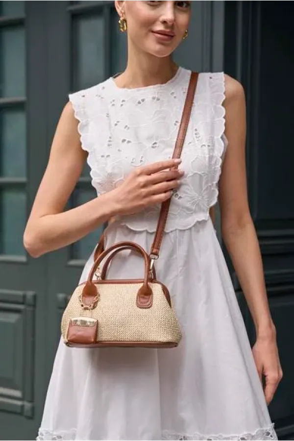 Mini sac à main texturé en osier beige