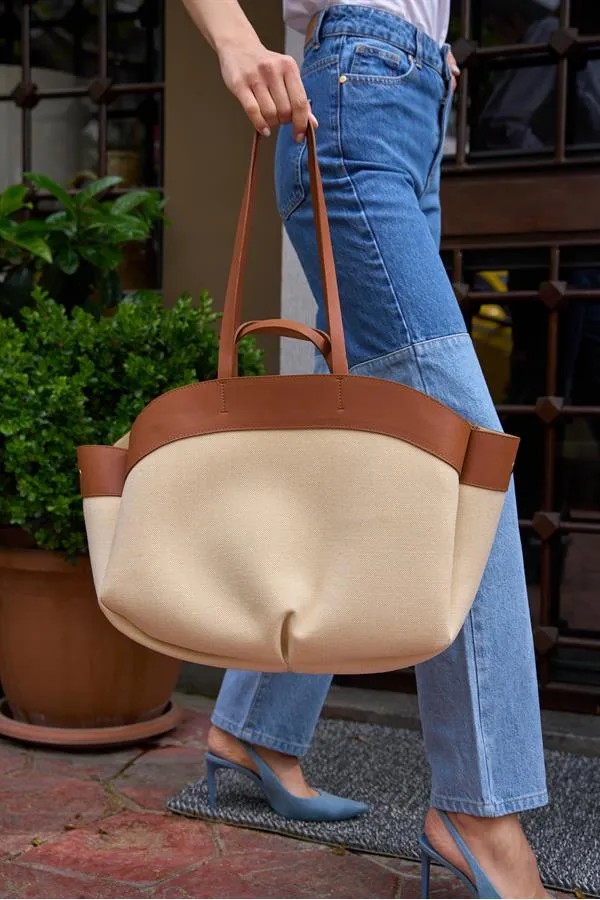 Sac fourre-tout contrasté beige