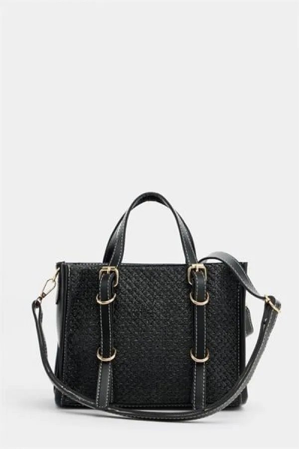 Sac à main et bandoulière style bohème en cuir et paille tricotée pour femme, noir