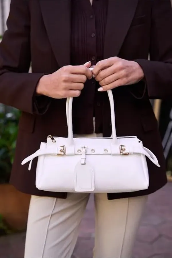 Double Buckle Belt Detailed Hand and Shoulder Bag White