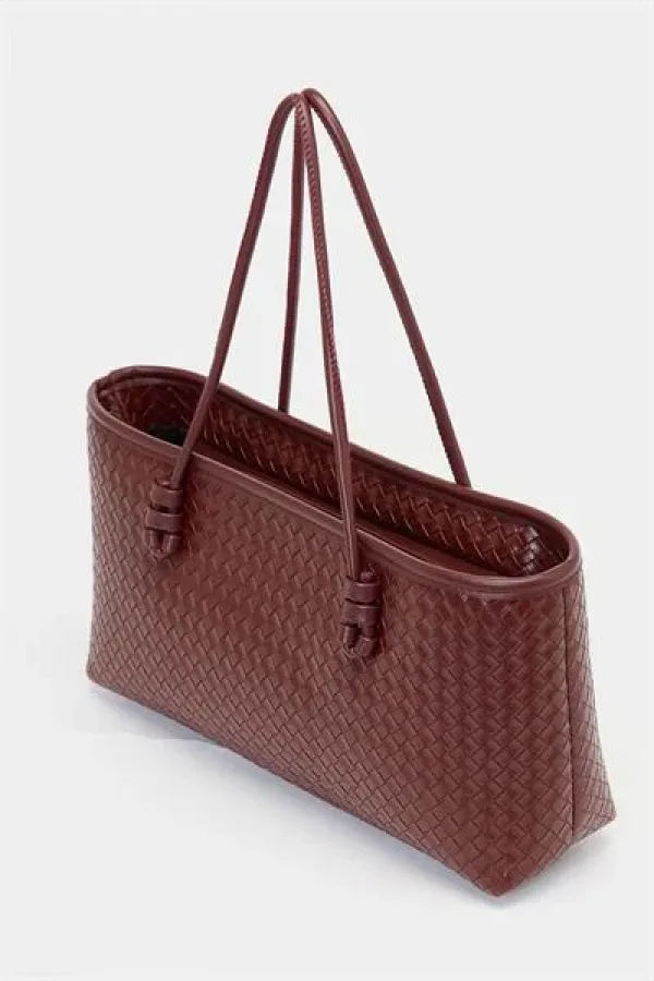 Sac à main et à bandoulière en cuir PU à motifs tricotés – Élégant format large bordeaux