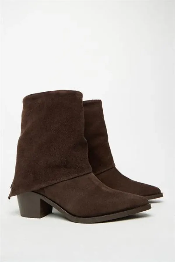 Bottes à talons en cuir véritable et daim marron pour femme – Bout pointu et fermeture éclair Bottes à talons en cuir véritable et daim marron pour femme – Bout pointu et fermeture éclair