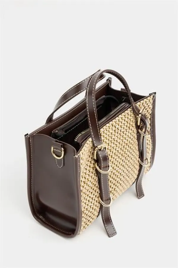 Sac à main et bandoulière style bohème en cuir et paille tricotée pour femme, marron