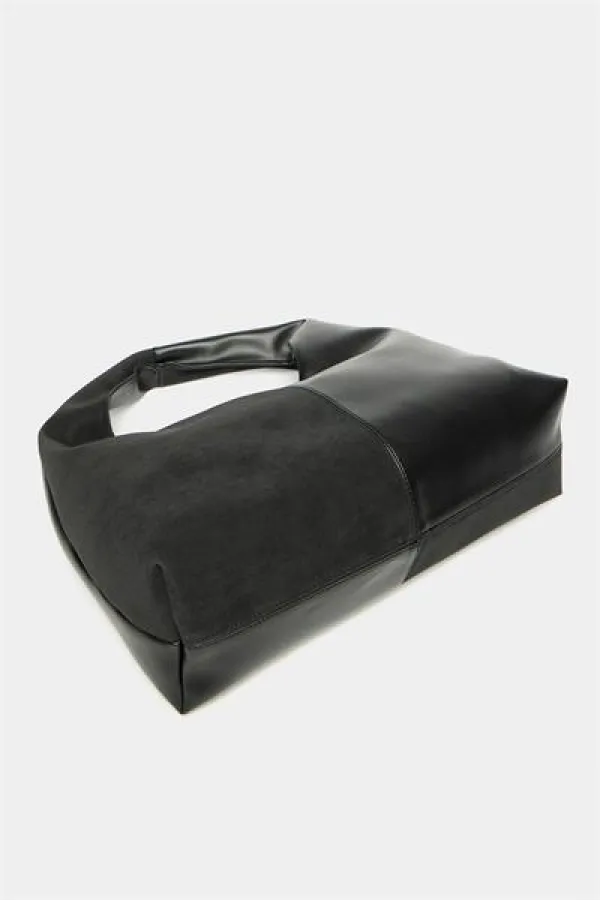 Sac cabas à bandoulière contrasté en daim noir et cuir synthétique pour femme - Modèle vintage souple