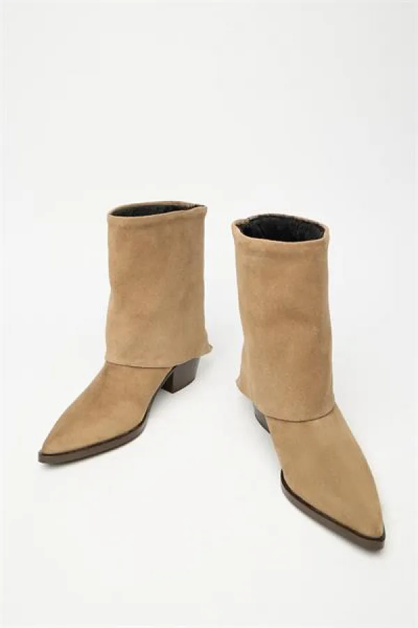 Bottes western à talons en daim camel véritable pour femme – Bout pointu et fermeture éclair