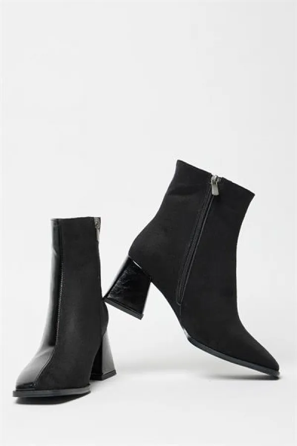 Bottes et bottines en daim verni noir pour femmes, talons à bout arrondi, cuir PU contrasté, fermeture éclair élégante Bottes et bottines en daim verni noir pour femmes, talons à bout arrondi, cuir PU contrasté, fermeture éclair élégante