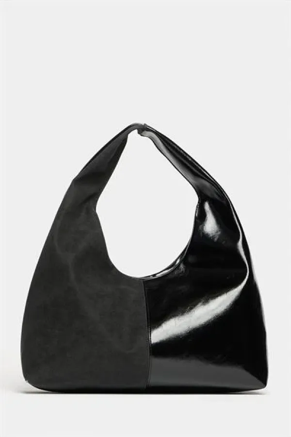Sac cabas à bandoulière pour femme en daim noir et cuir verni contrasté - Modèle vintage souple