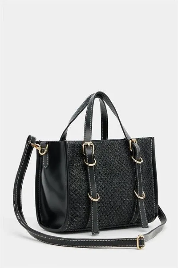 Sac à main et bandoulière style bohème en cuir et paille tricotée pour femme, noir