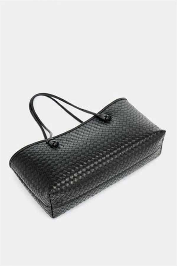 Sac à main et à bandoulière en cuir PU à motifs tricotés – Élégant format large noir Sac à main et à bandoulière en cuir PU à motifs tricotés – Élégant format large noir
