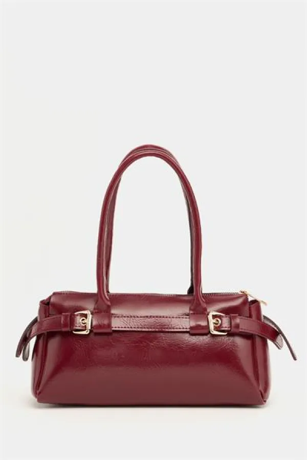 Double Buckle Belt Detailed Hand and Shoulder Bag, Claret Red