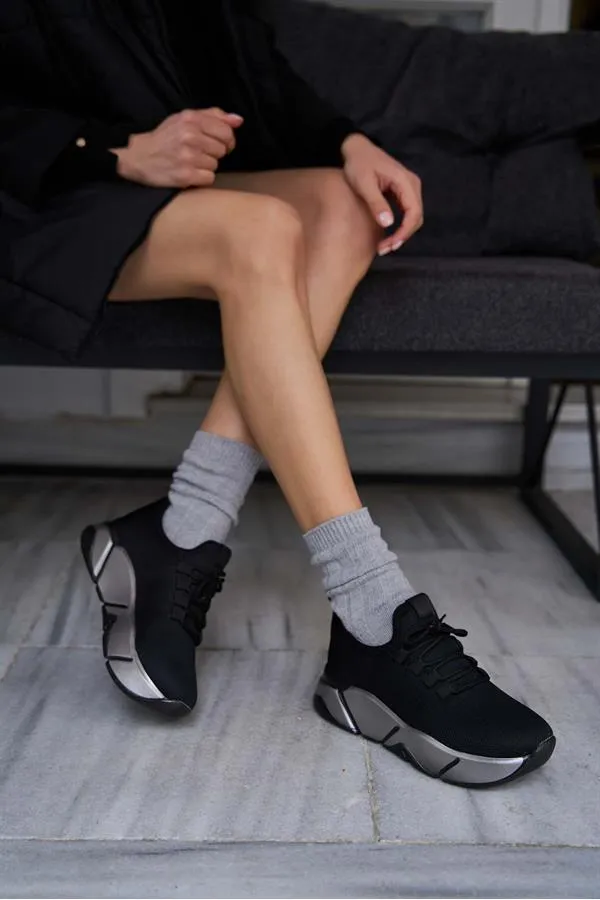Baskets à lacets et détails en maille, baskets décontractées, noir et gris Baskets à lacets et détails en maille, baskets décontractées, noir et gris