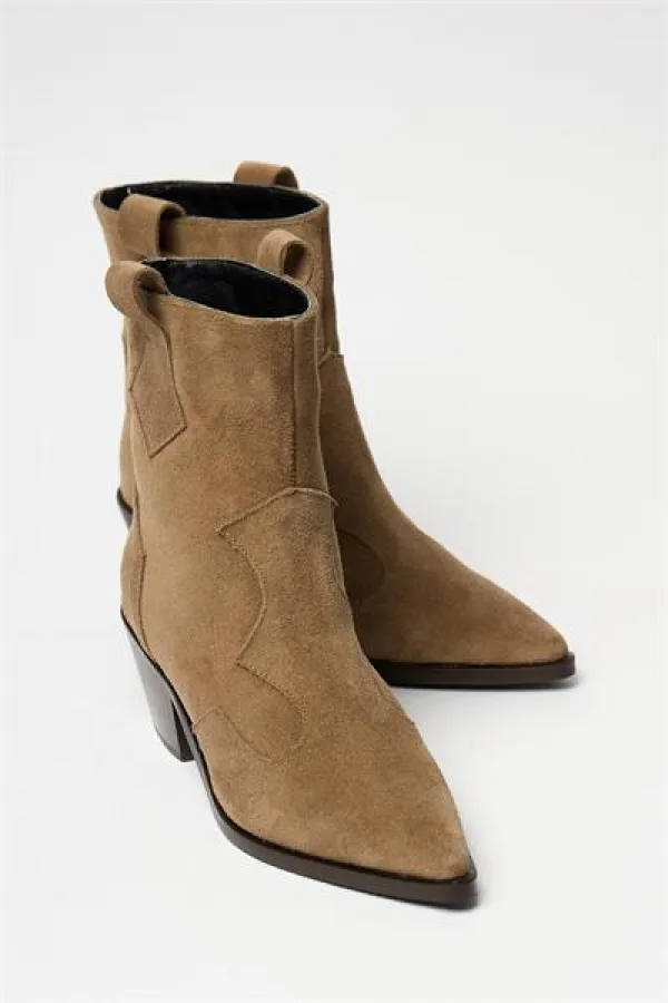 Bottes western cowboy camel en daim véritable pour femme – Bout pointu et talon