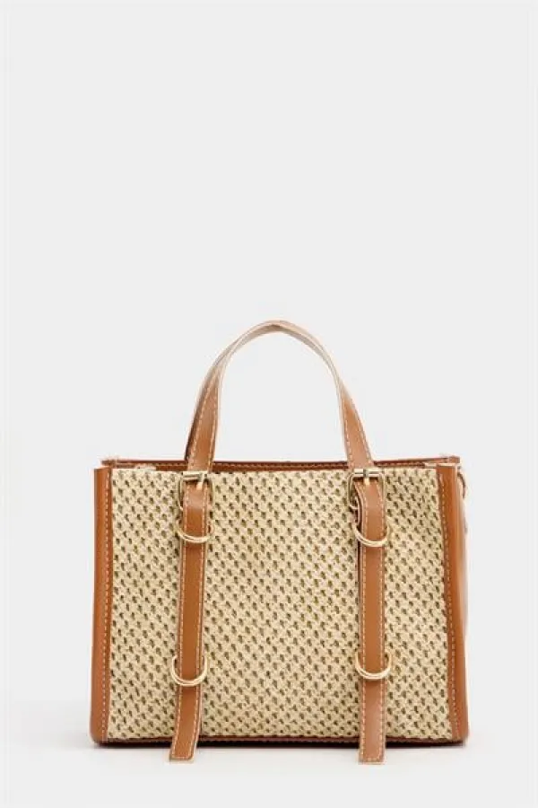 Sac à main et bandoulière style bohème en cuir et paille tricotée pour femme, couleur beige