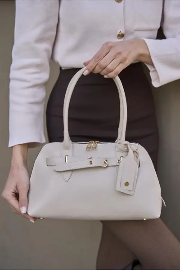 Sac rétro avec accessoires dorés, sac à main et sac à bandoulière, beige