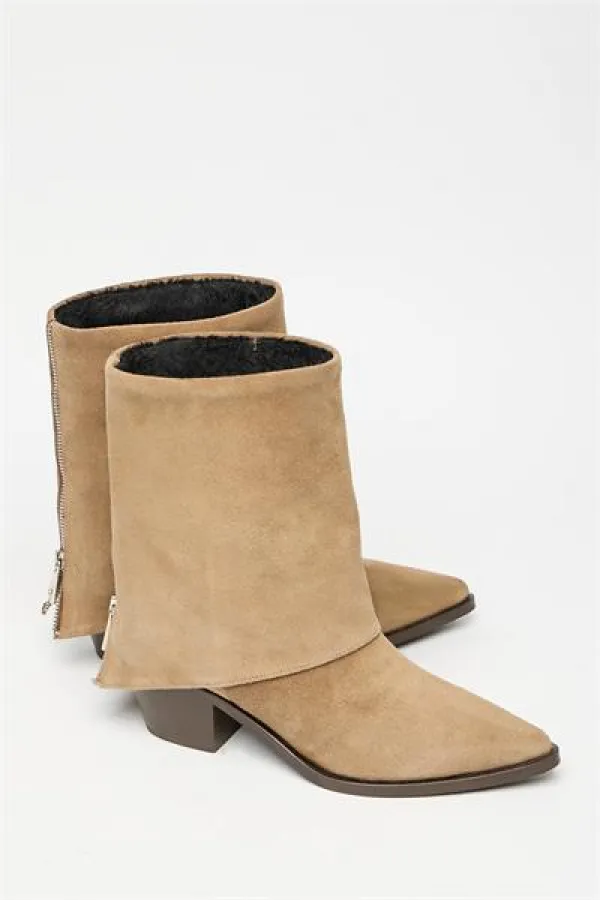 Bottes western à talons en daim camel véritable pour femme – Bout pointu et fermeture éclair