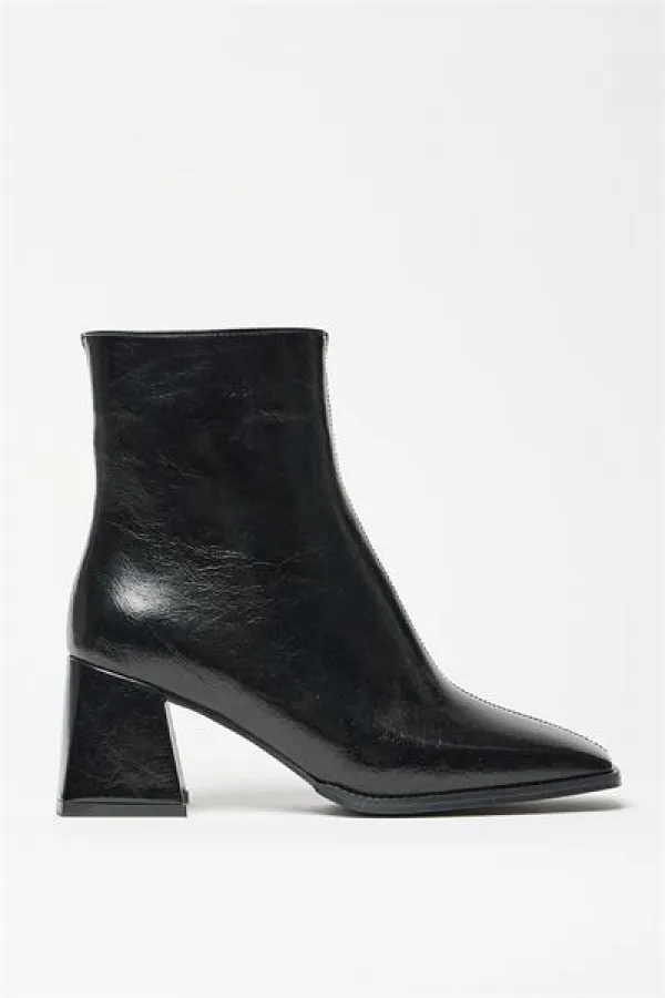 Bottes et bottines en cuir verni noir pour femmes, bout arrondi, talon contrasté, cuir PU, fermeture éclair, élégantes
