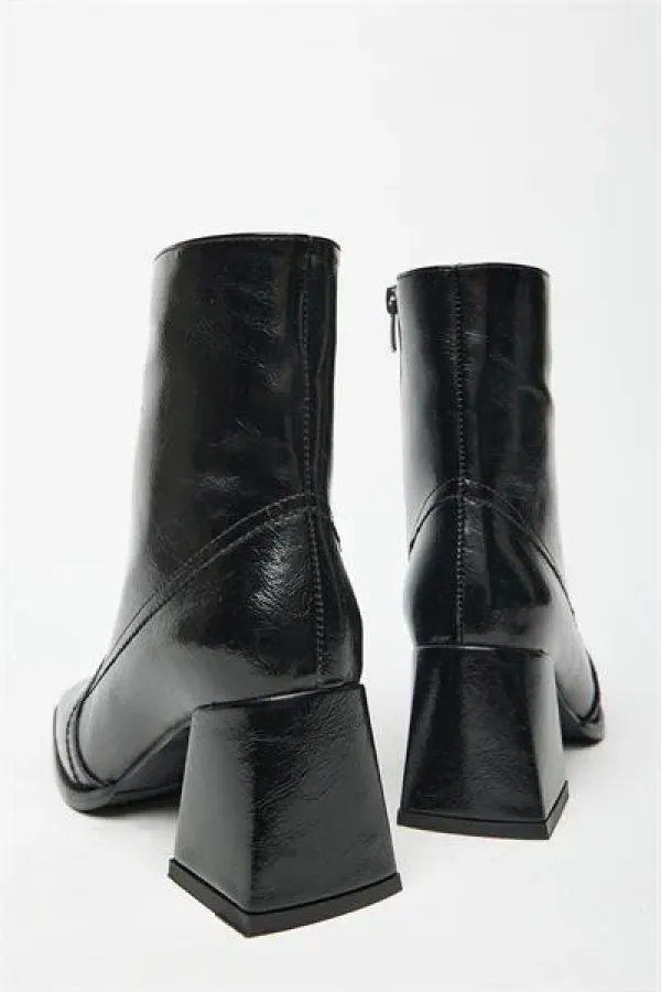 Bottes et bottines à talons plats en cuir verni noir pour femme – Fermeture éclair, style décontracté