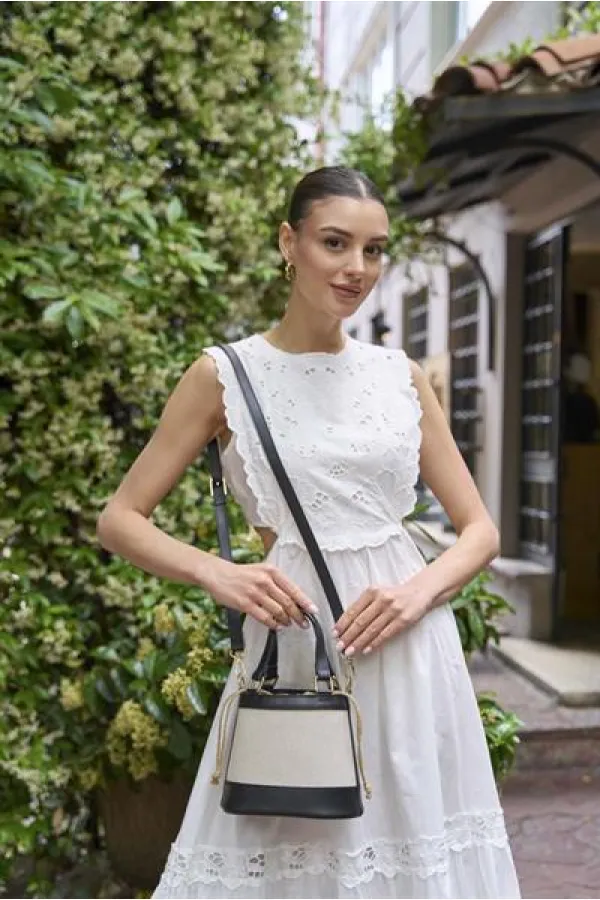 Sac à main seau et sac à bandoulière style bohème en toile - Noir