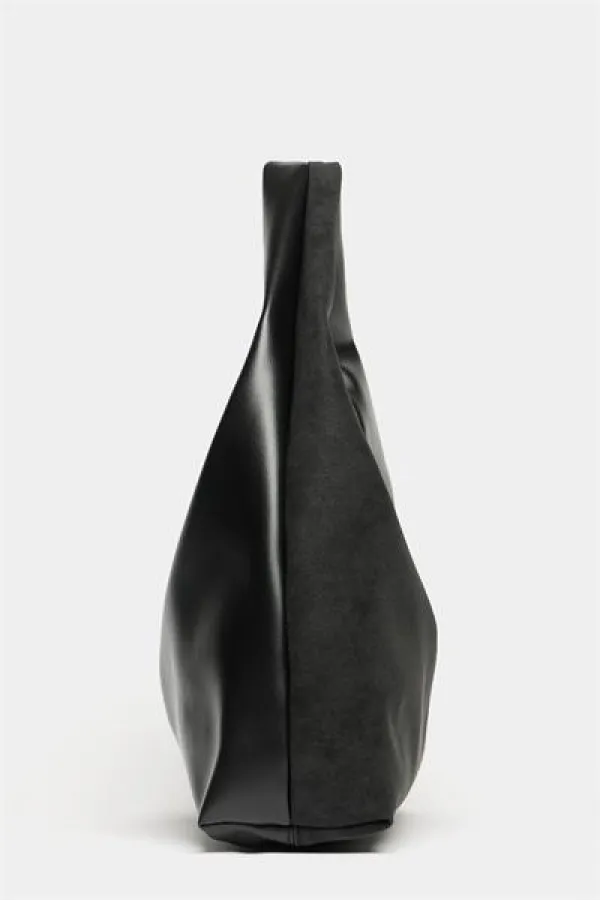 Sac cabas à bandoulière contrasté en daim noir et cuir synthétique pour femme - Modèle vintage souple