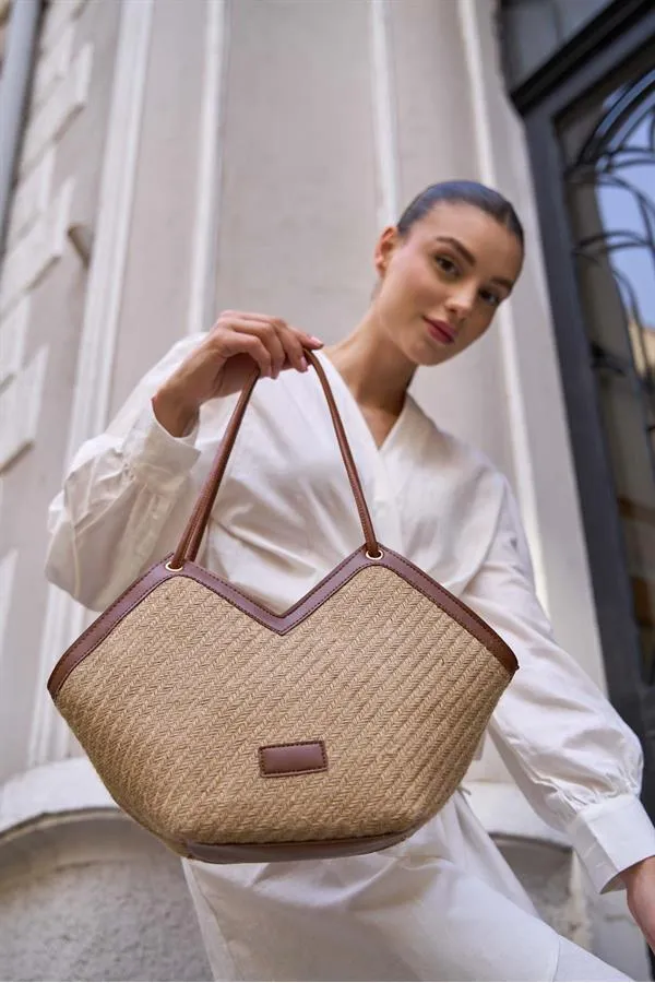Zippered Tote Bag Tan Straw