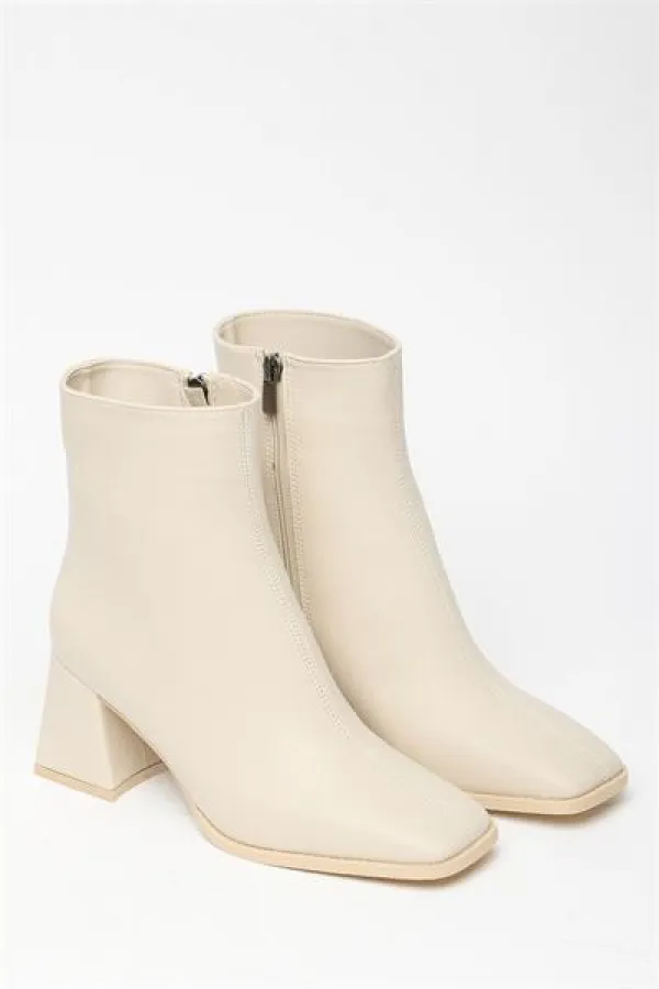 Bottes et bottines beiges pour femmes, bout rond, talons contrastés, cuir PU, fermeture éclair, élégantes
