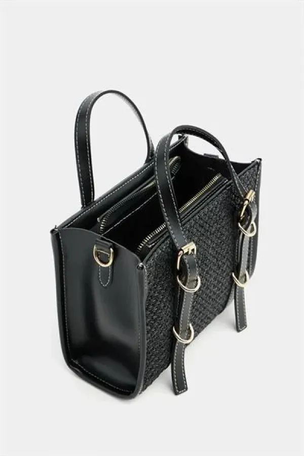 Sac à main et bandoulière style bohème en cuir et paille tricotée pour femme, noir