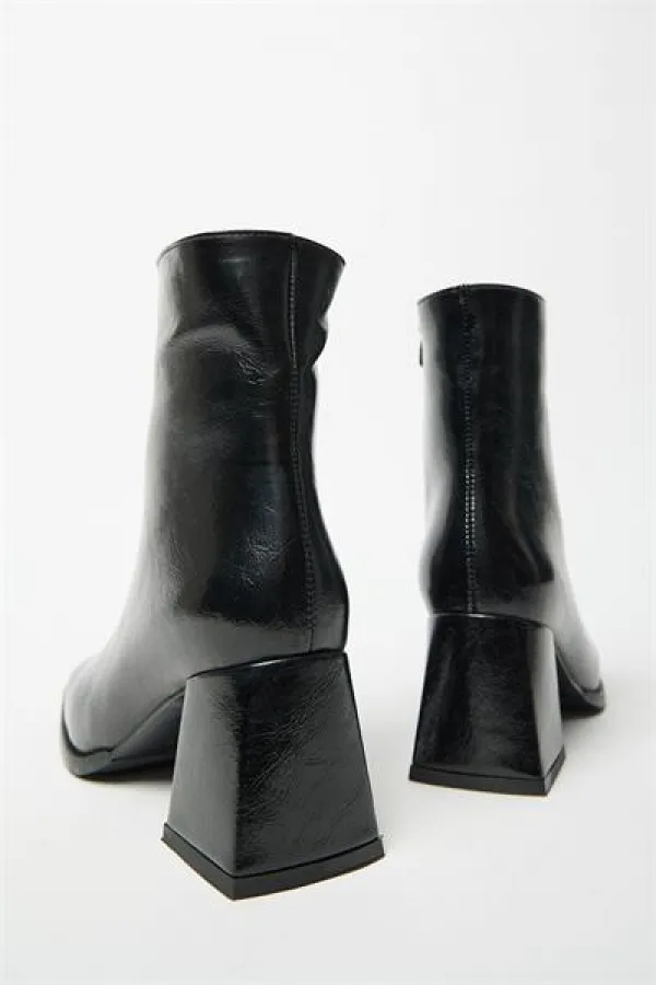 Bottes et bottines en cuir verni noir pour femmes, bout arrondi, talon contrasté, cuir PU, fermeture éclair, élégantes