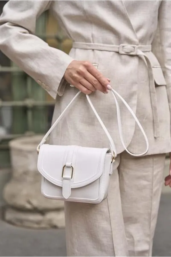 Buckled Leather Look Mini Hand and Shoulder Bag White Buckled Leather Look Mini Hand and Shoulder Bag White
