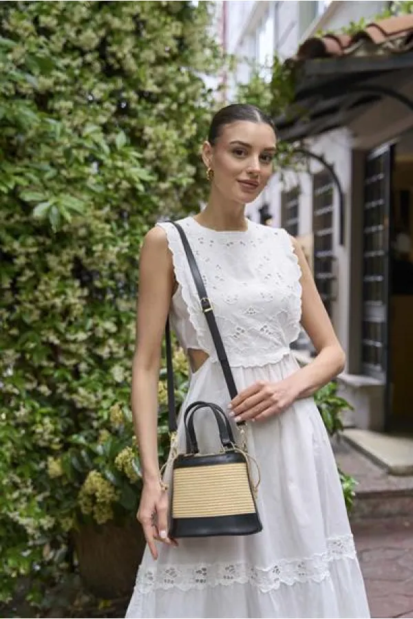 Sac seau à main et à bandoulière de style bohème en paille noire