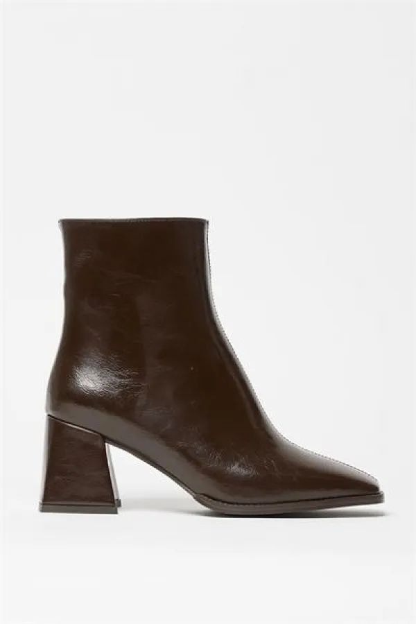 Bottes et bottines en cuir verni marron pour femmes, talons à bout arrondi, cuir PU contrasté, fermeture éclair élégante