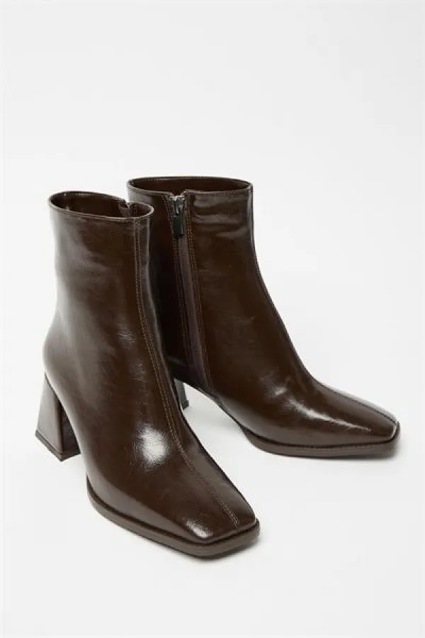 Bottes et bottines en cuir verni marron pour femmes, talons à bout arrondi, cuir PU contrasté, fermeture éclair élégante